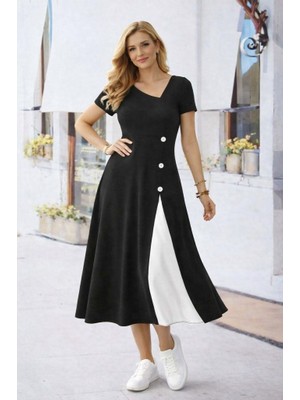 Periliçekeçe Kadın Kısa Kollu Asimetrik Yakalı Düğme Detaylı Midi Viskon Elbise