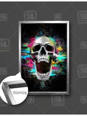 SML Tablo Çığlık Atan Kuru Kafa ve Etrafa Dağılan Renkli Boyalar  Dikey Çerçeveli Kanvas Tablo