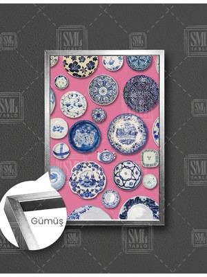 SML Tablo Çini Tabak Koleksiyonu Pembe Zemin  Dikey Çerçeveli Kanvas Tablo