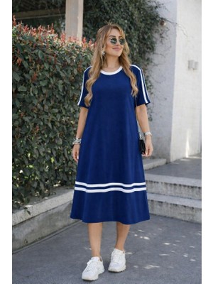 Periliçekeçe Kadın Kısa Kollu Bisiklet Yaka Şerit Detaylı Midi Viskon Elbise