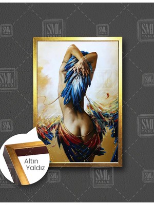 SML Tablo Mavi Kuş Tüyü Saçlı Sırtı Dönük Çıplak Kadın  Dikey Çerçeveli Kanvas Tablo