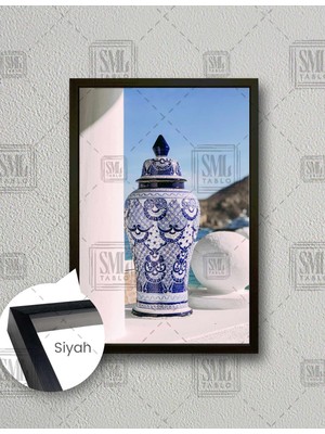 SML Tablo Mavi Çini Desenli Vazo Badrum Evi  Dikey Çerçeveli Kanvas Tablo