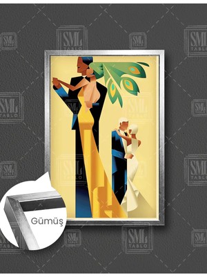 SML Tablo Salon Dansı Yapan Iki Çift Balo Vintage Ilüstrasyon  Dikey Çerçeveli Kanvas Tablo