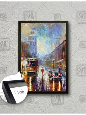 SML Tablo Eski Şehir Cadde Tramvay ve Arabalar Yağlı Boya  Dikey Çerçeveli Kanvas Tablo