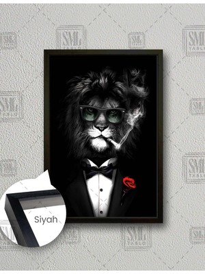 SML Tablo Takım Elbise Giymiş Aslan Papyon Takmış Kural Aslan Dikey Çerçeveli Kanvas Tablo