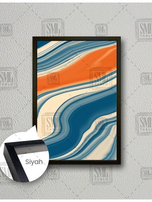 SML Tablo Mavi ve Turuncu Ebru Sanatı Dalgalı Çizgiler  Dikey Çerçeveli Kanvas Tablo