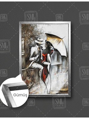 SML Tablo Yağmurda Oturan Şemşiyeli Şapkalı Adam ve Kırmızı Elbiseli Kadın  Dikey Çerçeveli Kanvas Tablo