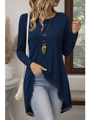 Periliçekeçe Kadın Uzun Kollu Bisiklet Yaka Asimetrik Kesim Detaylı Dantelli Viskon Bluz