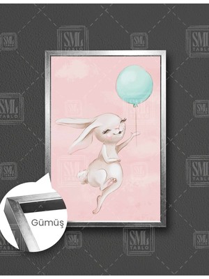 SML Tablo Pembe Tavşan Mavi Balon Çizgi Film Karakteri Çocuk Odası Dekor Dikey Çerçeveli Kanvas Tablo