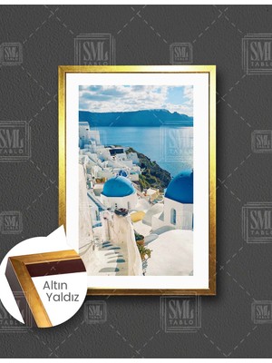 SML Tablo Yunanistan Santorini Yazlık Mavi Çatılı Beyaz Evler  Dikey Çerçeveli Kanvas Tablo