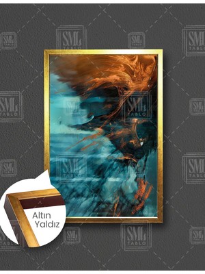 SML Tablo Sarı Simli Mavi Su Birikintisi Soyut Dekoratif Soyut  Dikey Çerçeveli Kanvas Tablo