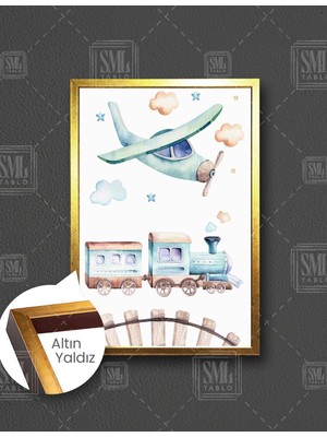 SML Tablo Uçak Renkli Tren Bulutlar Çizgi Film Karakteri Çocuk Odası Dekor Dikey Çerçeveli Kanvas Tablo