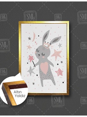 SML Tablo Pembe Taçlı Tavşan Yavrusu Çizgi Film Karakteri Çocuk Odası Dekor Dikey Çerçeveli Kanvas Tablo
