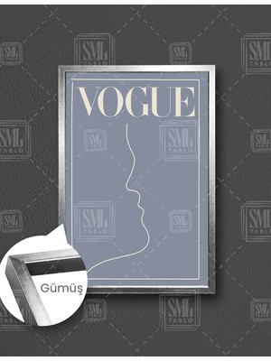 SML Tablo Vogue Dergi Kapağı Öpüşen Çift Gri Çizgisel Minimal  Dikey Çerçeveli Kanvas Tablo