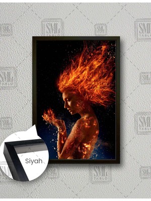 SML Tablo Saçları Alev Almış Yanan Ateş Kadın Dekor Dikey Çerçeveli Kanvas Tablo