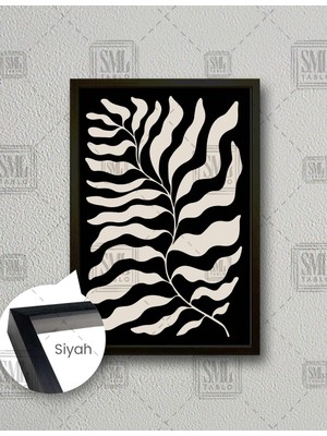 SML Tablo Siyah Fon Üzerine Bej Büyük Yaprak İlüstrasyonu Minimal Boho  Dikey Çerçeveli Kanvas Tablo