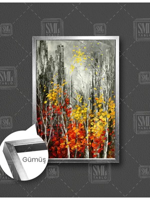 SML Tablo Sonbaharda Ağaç Dalları Şehir Doğa Manzara Romantizim Yağlı Boya Efektli Dikey Çerçeveli Kanvas Tablo