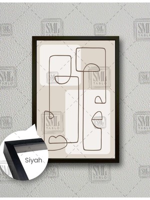 SML Tablo Kahverengi ve Bej Fonlu Çizgi Minimal Iki Insan Yüzü Heykel Minimal Boho  Dikey Çerçeveli Kanvas Tablo