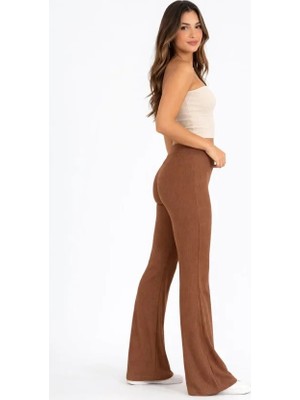 Modenya Fitilli Kaşkorse Ispanyol Paça Tayt Yüksek Bel Esnek Günlük Rahat Pantolon - Kahverengi