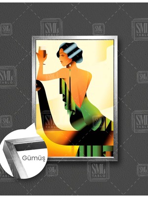 SML Tablo Yeşil Elbiseli Bira Içen Kadın Ilüstrasyon  Dikey Çerçeveli Kanvas Tablo