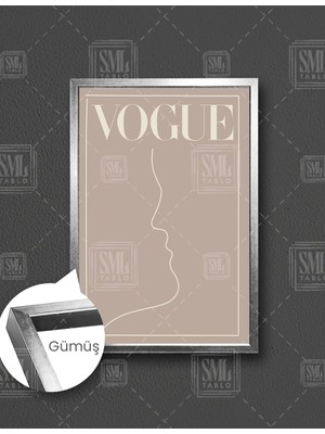 SML Tablo CT1011588 Vogue Dergi Kapağı Öpüşen Çift Bej Çizgisel Minimal  Dikey Çerçeveli Kanvas Tablo