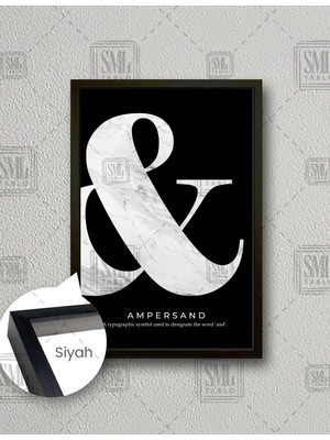 SML Tablo Ile Işareti Mermer Desen Siyah Fon Ampersand Tipografik Minimal Iskandinav Tarzı  Dikey Çerçeveli Kanvas Tablo