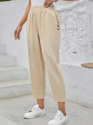 Modenya Kadın Yüksek Bel Yandan Cepli Düğme Detaylı Geniş Kesim Ithal Krep Pantolon