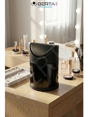 PremiumPort Sallanır Kapaklı Metal Çöp Kovası, Siyah, Makyaj ve Ofis Masası Için