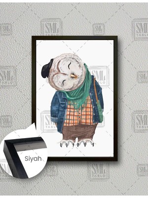 SML Tablo Siyah Şapkalı Baykuş Çizgi Film Karakteri Çocuk Odası Dekor Dikey Çerçeveli Kanvas Tablo