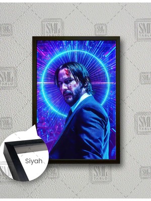 SML Tablo John Wick Neon Yuvarlak Işıklar Keanu Reeves  Dikey Çerçeveli Kanvas Tablo