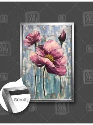 SML Tablo Mor Yapraklı Açmış Çiçek Yağlı Boya Efektli Bitki Dekor Dikey Çerçeveli Kanvas Tablo