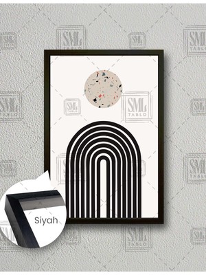 SML Tablo Mid Century Terazzo Bej Yuvarlak ve Siyah Çizgiler Minimal Dikey  Dikey Çerçeveli Kanvas Tablo