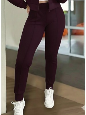 Periliçekeçe Kadın Uzun Kollu Önden Fermuarlı Kısa Modal Mor Ceket ve Pantolon Ikili Takım