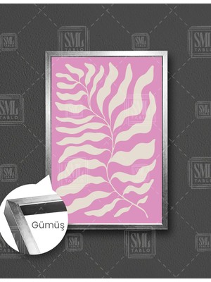 SML Tablo Pembe Fon Üzerine Bej Büyük Yaprak İlüstrasyonu Minimal Boho  Dikey Çerçeveli Kanvas Tablo