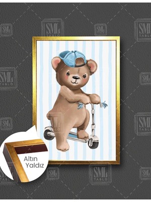 SML Tablo Scooter Süren Mavi Şapkalı Ayı Çizgi Film Karakteri Çocuk Odası Dekor Dikey Çerçeveli Kanvas Tablo