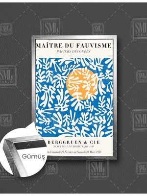 SML Tablo Minimal Boho Mavi Fon Üzerinde Güneş ve Bitkiler Dikey Çerçeveli Kanvas Tablo