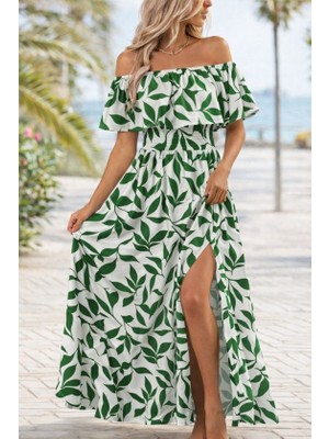 Periliçekeçe Kadın Madonna Yaka Göğüs Lastikli Yırtmaçlı Uzun Desenli Süprem Elbise