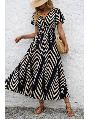Periliçekeçe Kadın Kısa Fırfır Kollu Kruvaze Yakalı Beli Lastikli Desenli Uzun Elbise