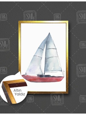 SML Tablo Yelkenli Kırmızı Gemi Çizgi Film Karakteri Çocuk Odası Dekor Dikey Çerçeveli Kanvas Tablo