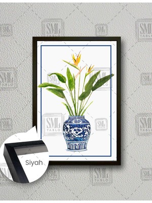 SML Tablo Çini Vazo ve Sarı Çiçekli Bitki Minimal Sulu Boya  Dikey Çerçeveli Kanvas Tablo