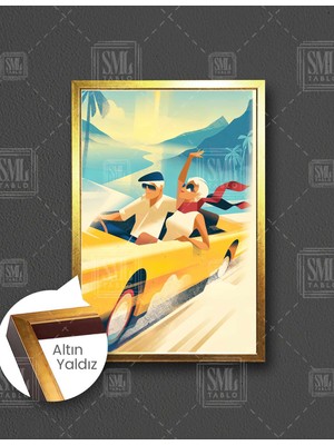 SML Tablo Tropik Ada Palmiyeler Sarı Arabayla Giden Şapkalı Adam ve Kırmızı Şallı Kadın  Dikey Çerçeveli Kanvas Tablo