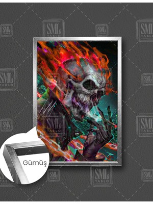 SML Tablo Hayalet Sürücü Sigara Içen Kuru Kafa ve Motorsiklet  Dikey Çerçeveli Kanvas Tablo