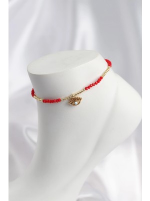 Calperia Kırmızı Renk Boncuklu Nazarlı Göz Figürlü Halhal