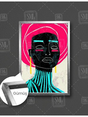 SML Tablo Sarı Küpeli Pembe Eşarplı Afrikan Grunge Ilüstrasyon Modern Sanat Kadın Portesi  Dikey Çerçeveli Kanvas Tablo