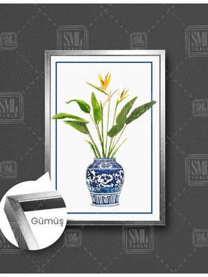 SML Tablo Çini Vazo ve Sarı Çiçekli Bitki Minimal Sulu Boya  Dikey Çerçeveli Kanvas Tablo