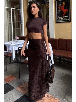 Madmext Kahverengi Flok Baskılı Tül Etek MG2711