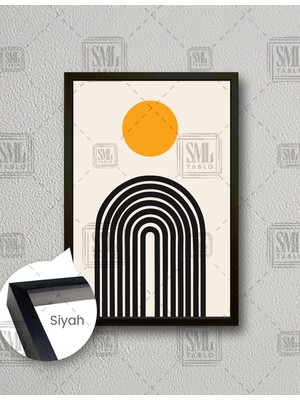 SML Tablo Mid Century Sarı Yuvarlak Ve Siyah Çizgiler Dikey Minimal  Dikey Çerçeveli Kanvas Tablo