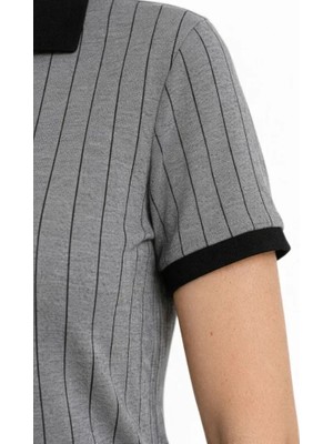 Periliçekeçe Polo Yaka Çizgili Tişört Kısa Kol Düğmeli Yazlık T-Shirt - Gri