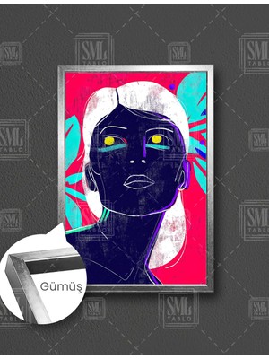 SML Tablo Beyaz Saçlı Sarı Gözlü Grunge İlüstrasyon Modern Sanat Kadın Portesi  Dikey Çerçeveli Kanvas Tablo
