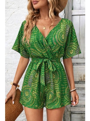 Periliçekeçe Kadın Kısa Kollu Kruvaze Yakalı Belden Kuşaklı Desenli Kısa Süprem Tulum